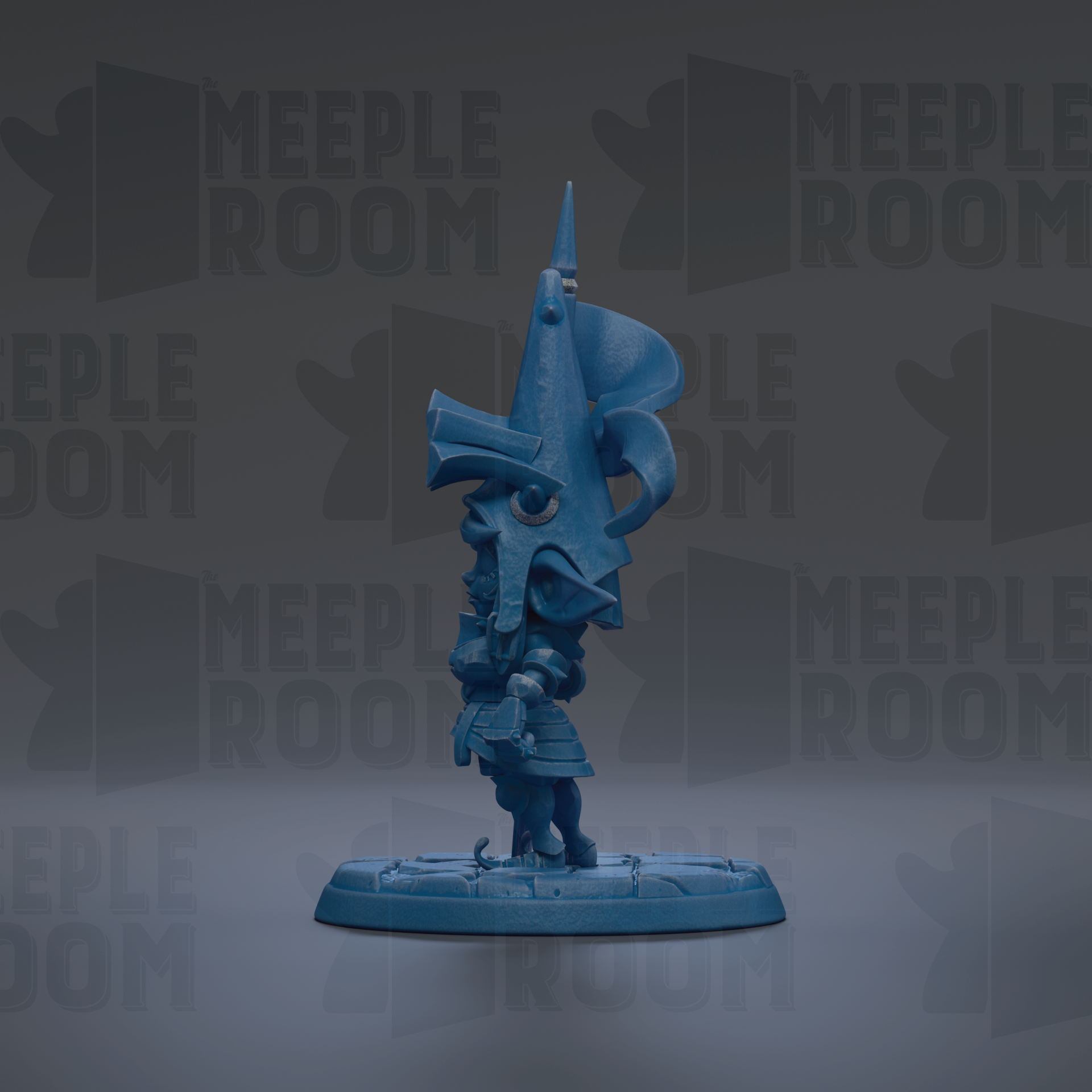 A blue figurine with a pointed hat and a large head stands on a base against a dark background with repeated text.