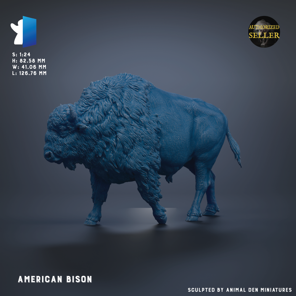 The image is a 3D model of an American bison, a large, horned mammal native to North America. The bison is depicted in a realistic style, with a textured, blue-colored appearance that resembles the natural color of the animal. The image is a 3D rendering of the bison, and it is presented against a dark background, which emphasizes its size and form. The image is a 3D model of an American bison, and it is a representation of the animal in a realistic style.
