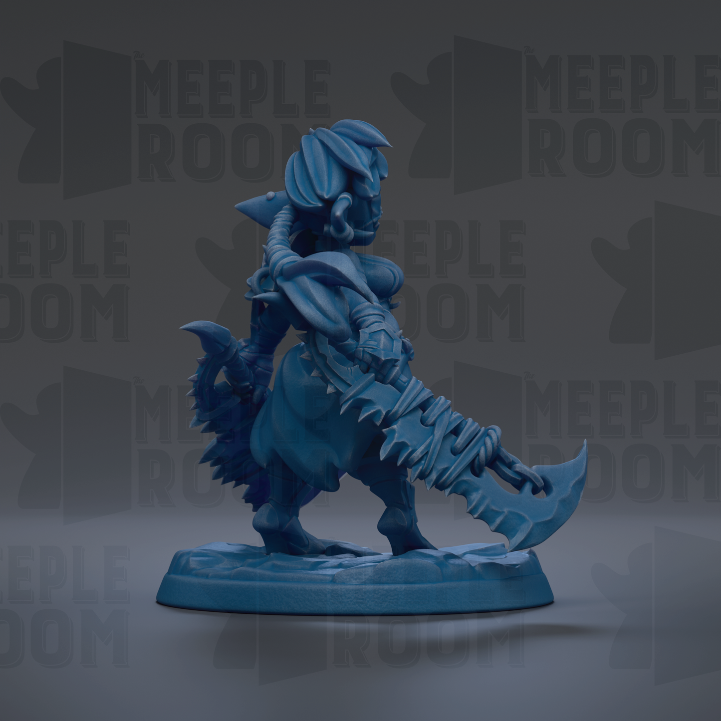 A blue figurine of a warrior-like character with a sword and shield, standing on a base and facing to the right.