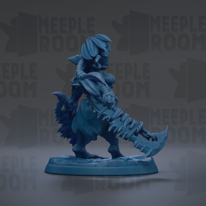 A blue figurine of a warrior-like character with a sword and shield, standing on a base and facing to the right.