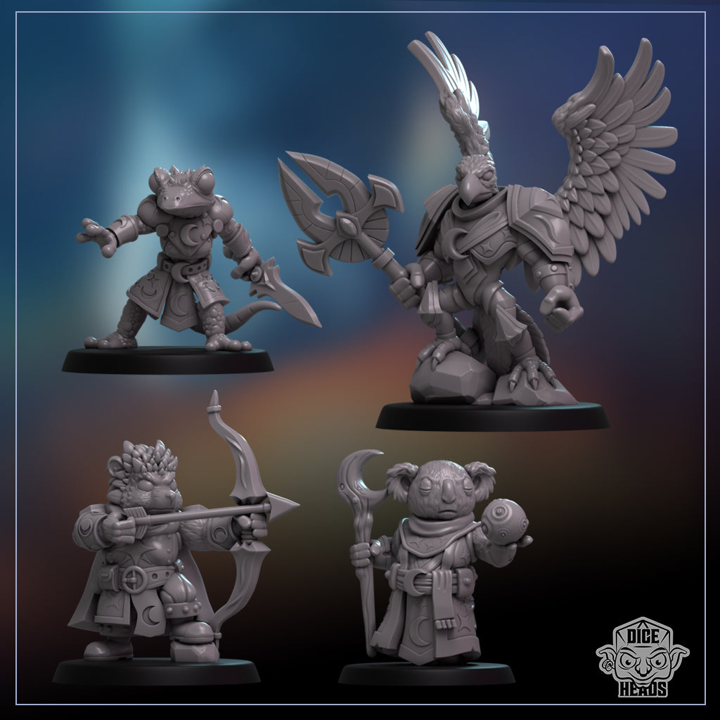 The image contains four figurines of fantasy characters, each with unique poses and weapons, set against a colorful background.