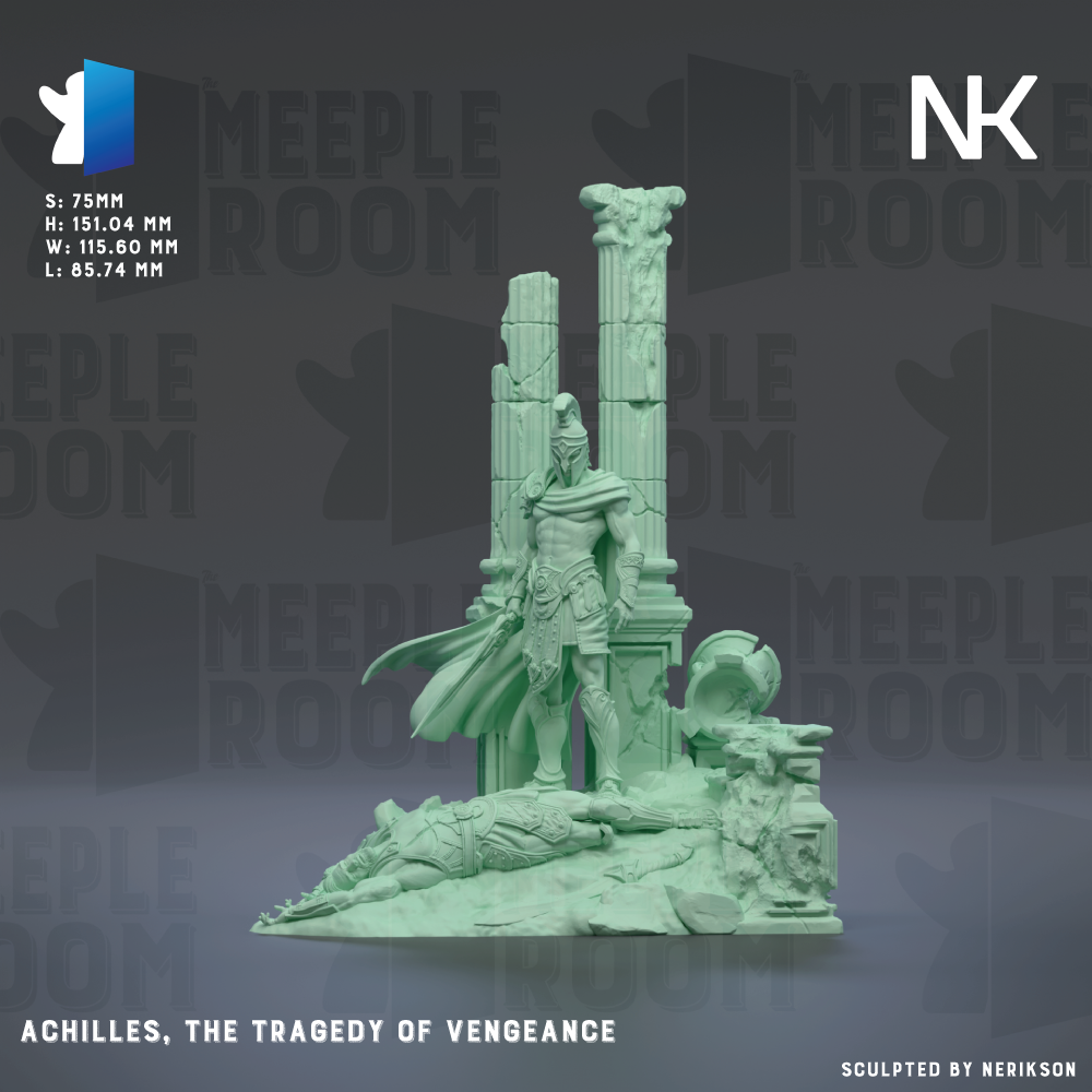The image is a 3D rendering of a statue depicting a warrior standing on a fallen soldier, with the text "Achilles, The Tragedy of Vengeance" below the statue.