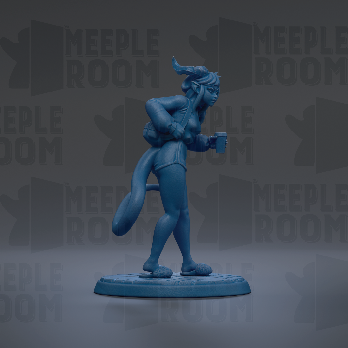 A blue figurine of a woman with horns and a backpack is standing on a base against a dark background with repeated text.