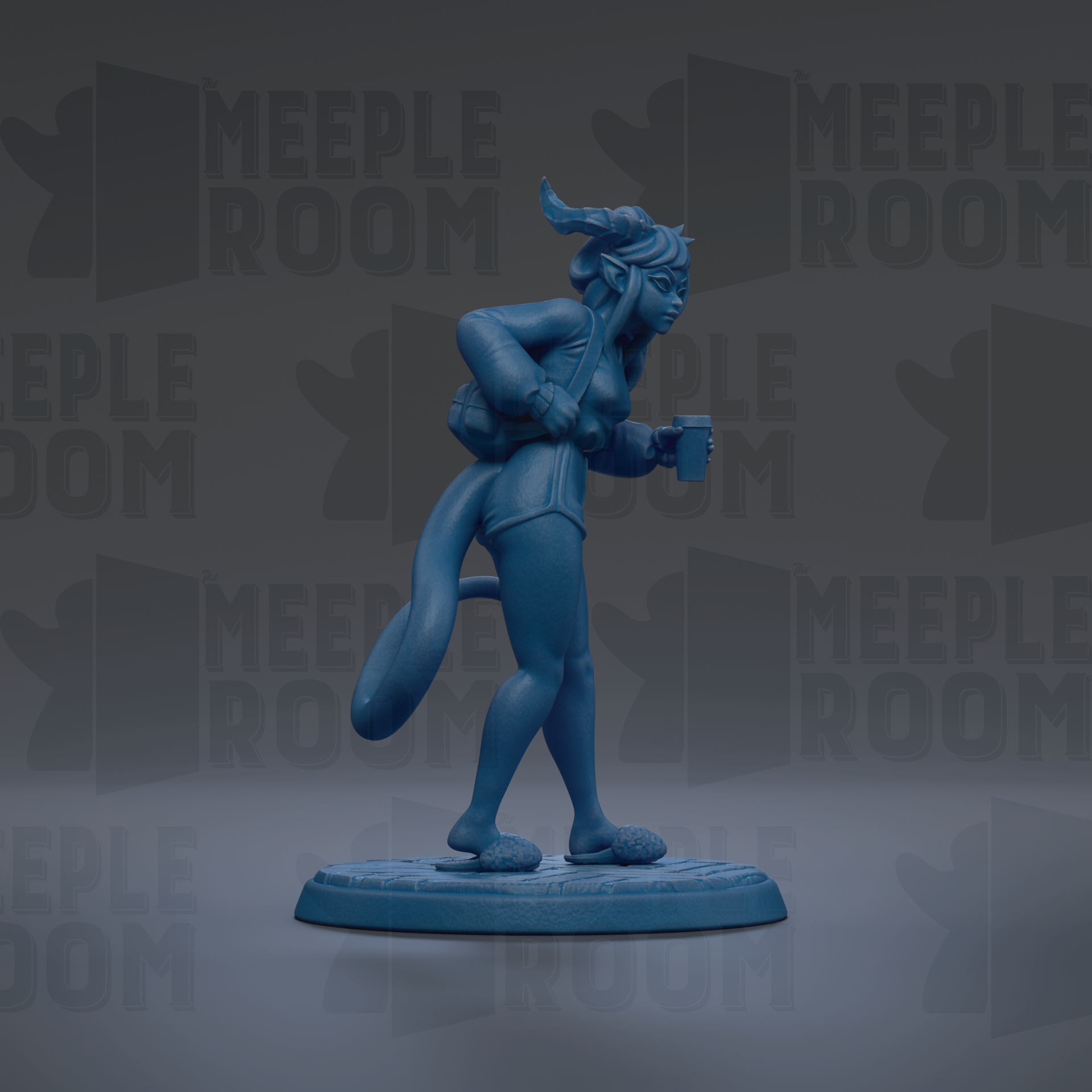 A blue figurine of a woman with horns and a backpack is standing on a base against a dark background with repeated text.