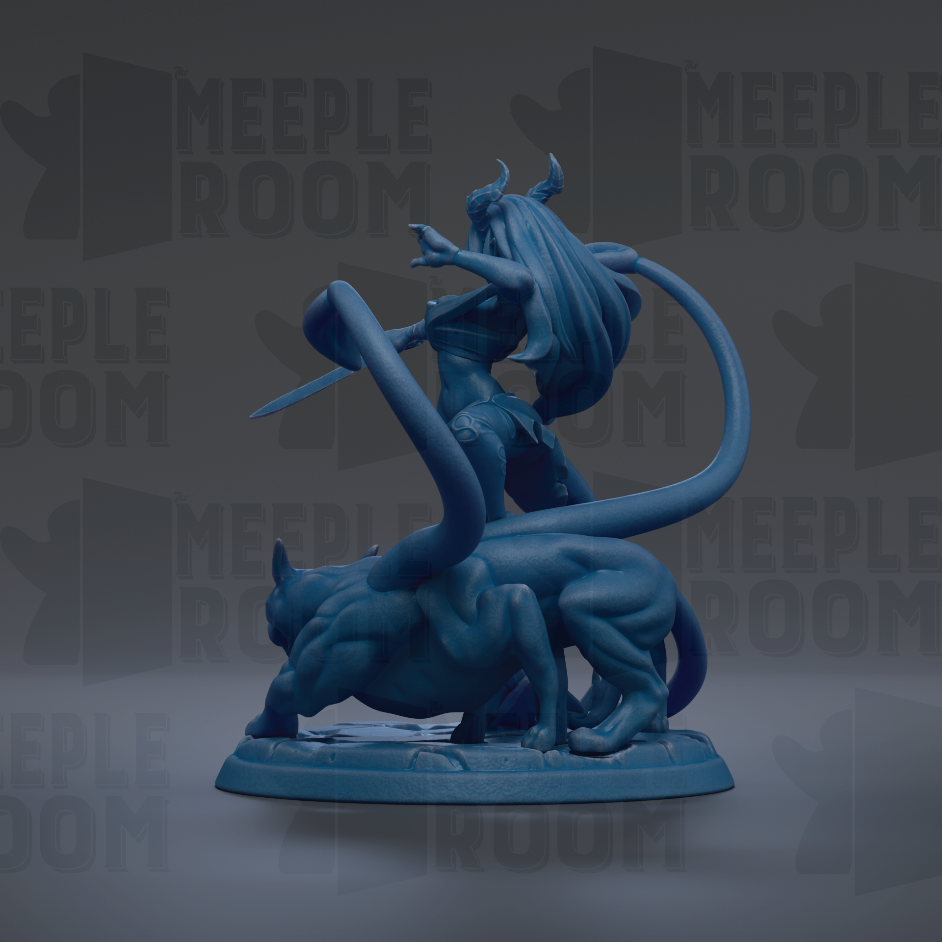 A blue figurine of a woman with horns and a long tail, holding a weapon, standing on a platform with a large, menacing-looking creature behind her.