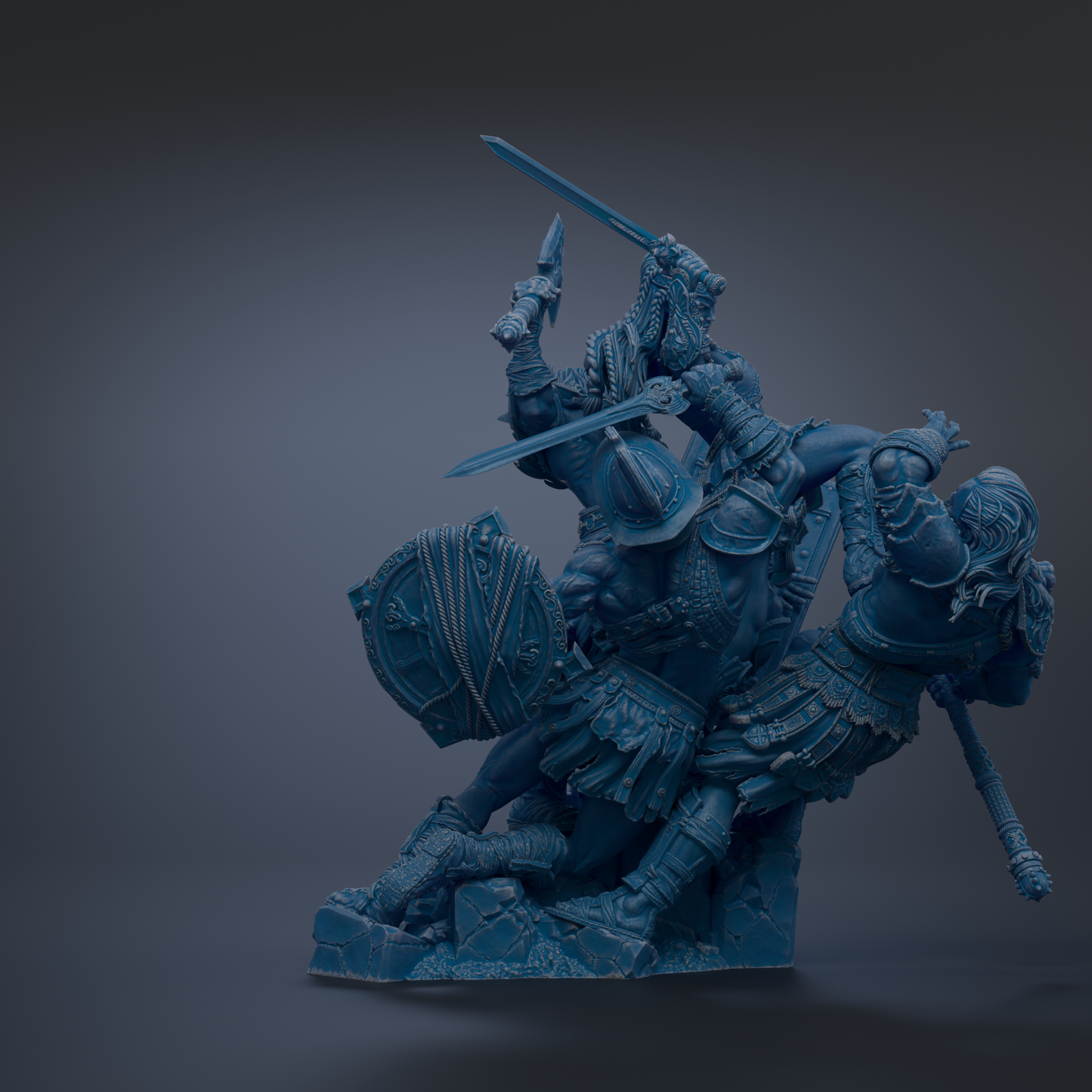 A 3D rendering of a warrior statue in a fighting stance, with multiple swords and shields in the scene.