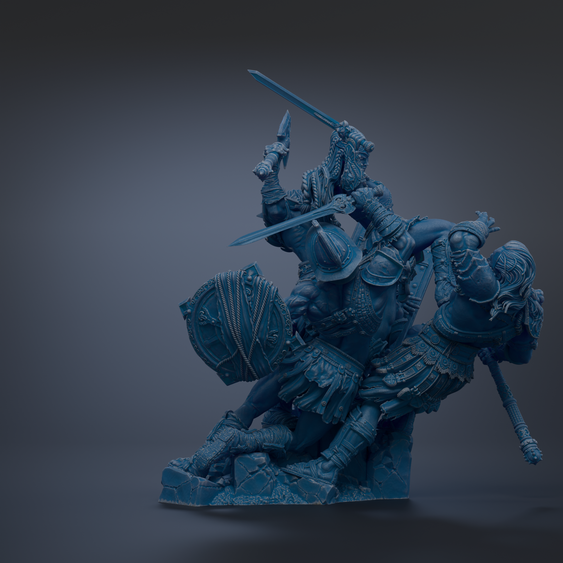 A 3D rendering of a warrior statue in a fighting stance, with multiple swords and shields in the scene.