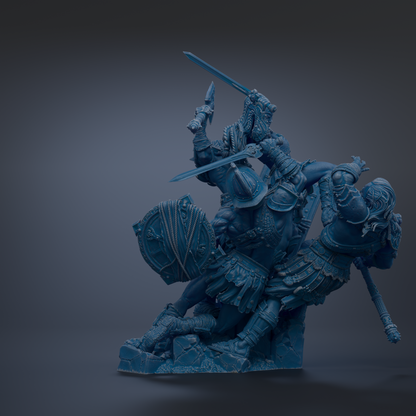 A 3D rendering of a warrior statue in a fighting stance, with multiple swords and shields in the scene.