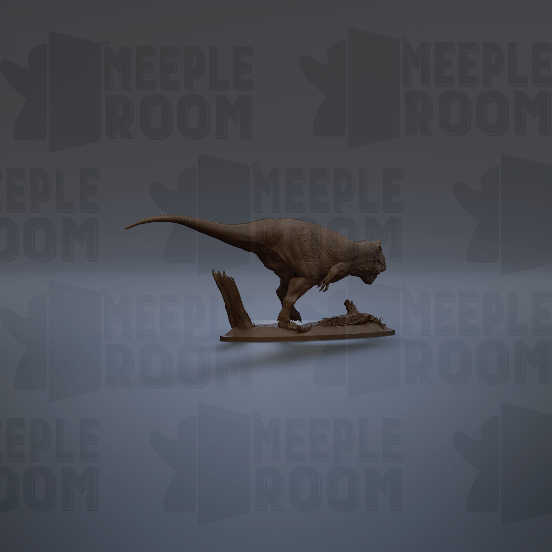 A 3D rendering of a dinosaur statue, likely a T-Rex, standing on a platform against a dark background with repeated text.