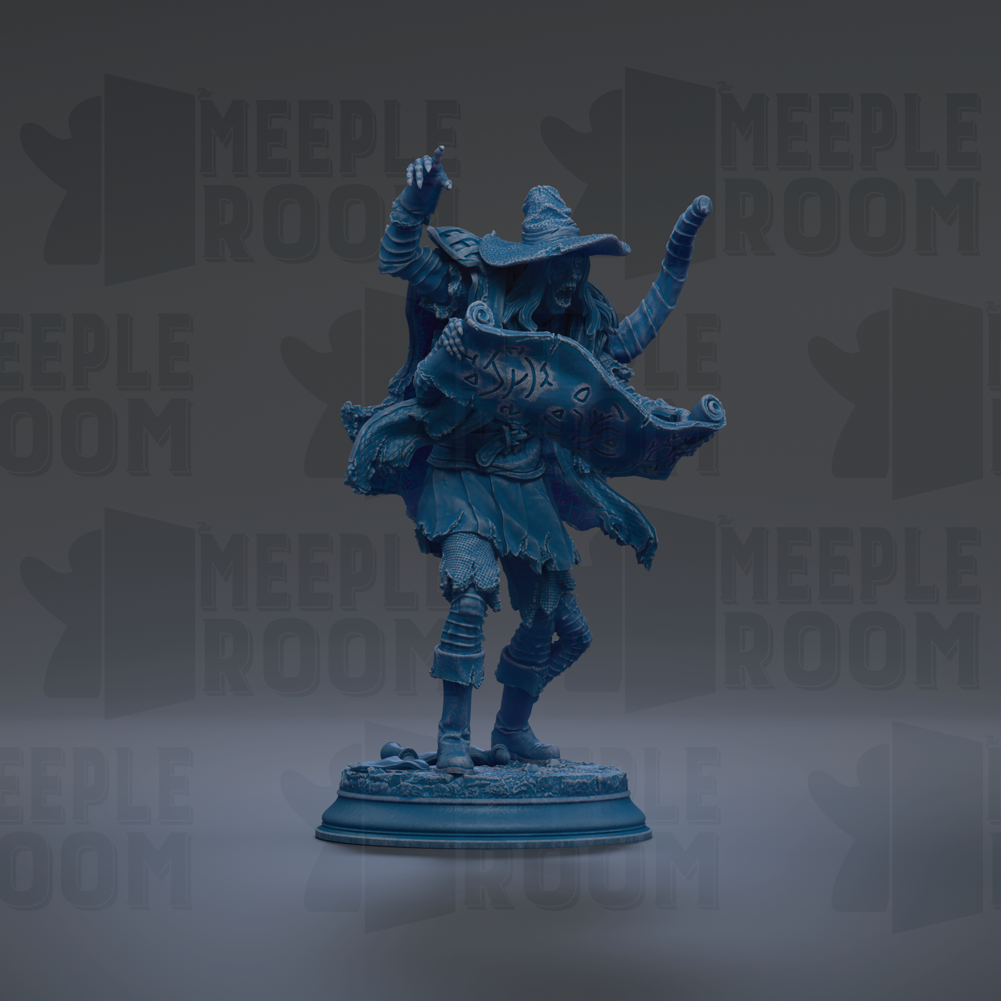 A blue statue of a figure with a hat and flowing cape, standing on a pedestal against a dark background with repeated text.