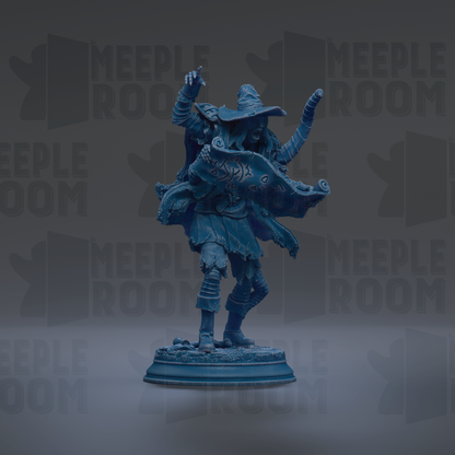 A blue statue of a figure with a hat and flowing cape, standing on a pedestal against a dark background with repeated text.