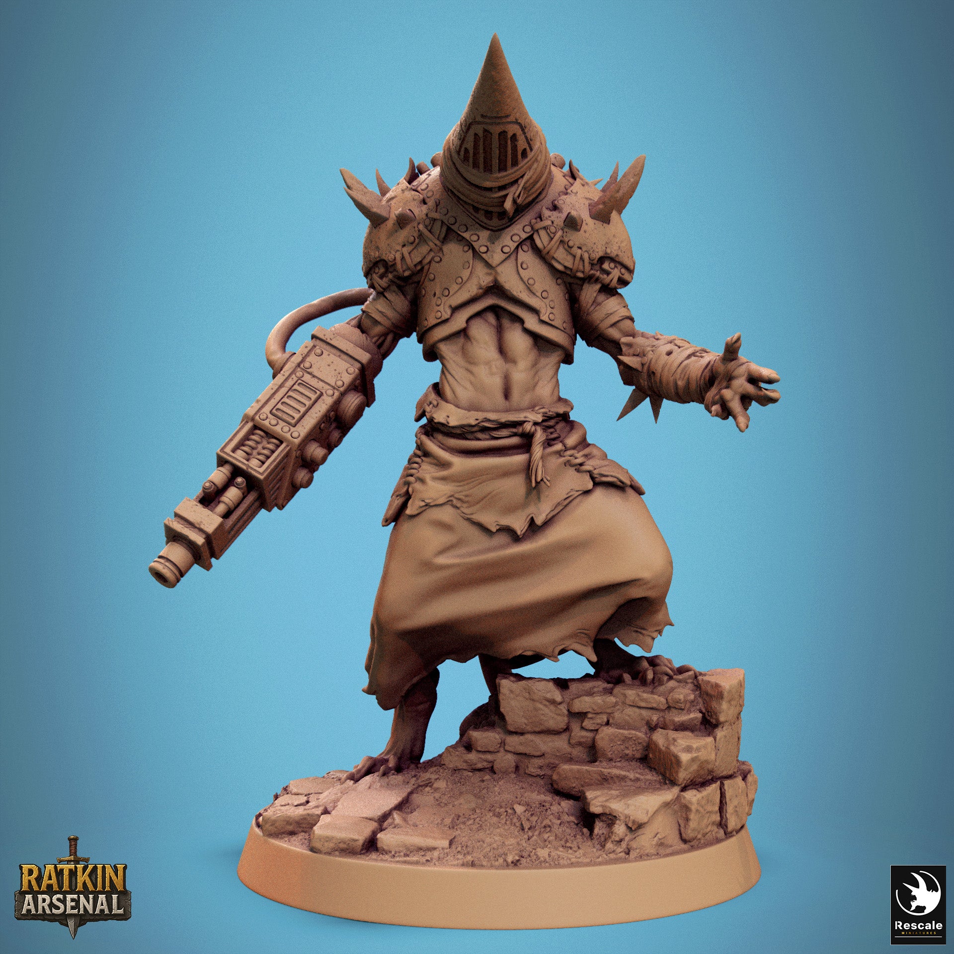 A 3D model of a heavily armored and armed fantasy character, possibly a knight or warrior, standing on a rocky base against a blue background.