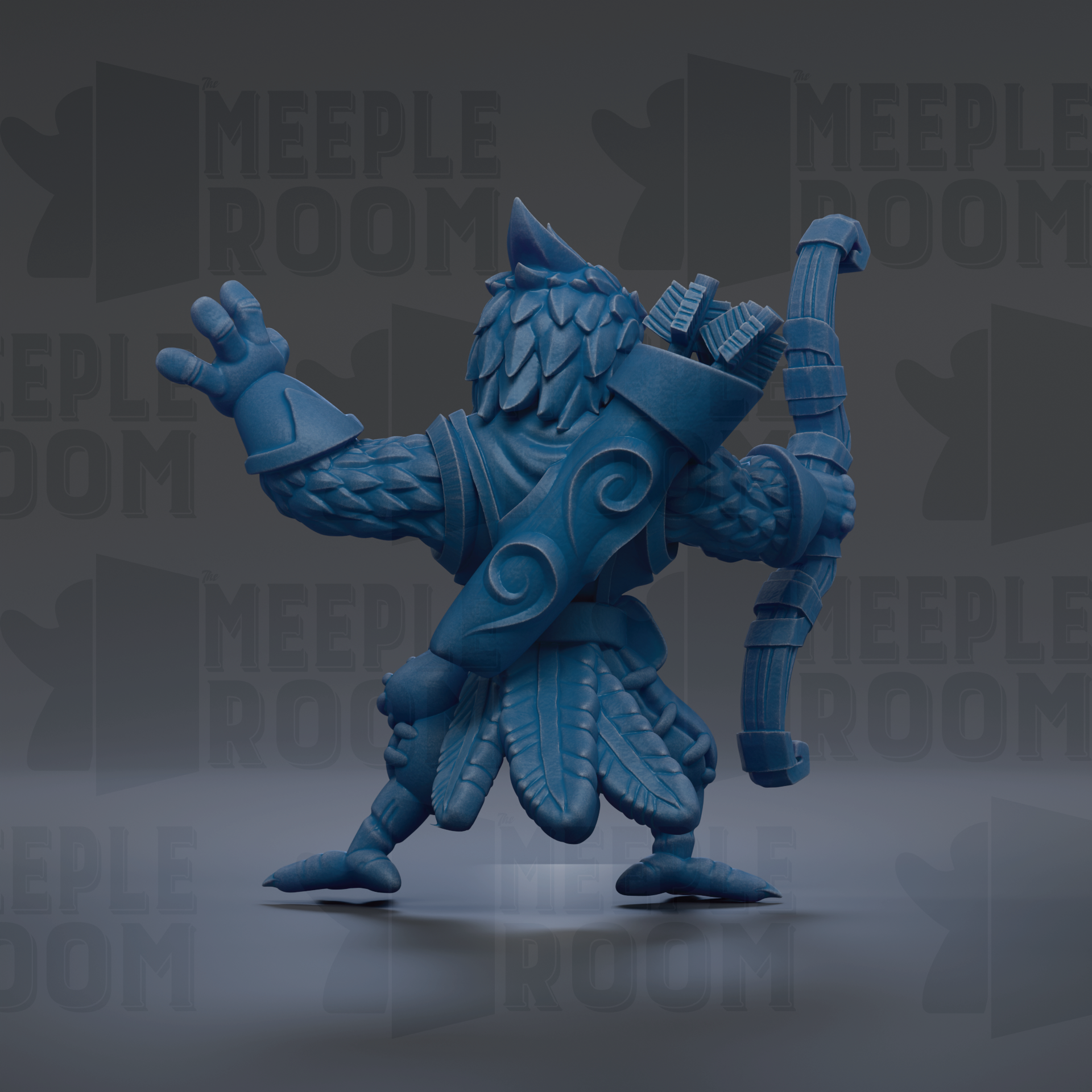 A blue, winged creature with a bow and arrow stands in the center of the image against a dark background.