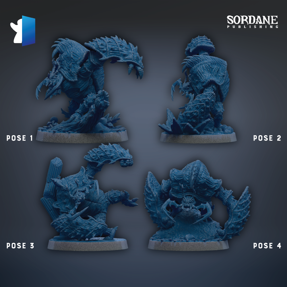 four different poses of a blue, fantastical creature, likely a mythical or magical being, displayed on four separate bases.