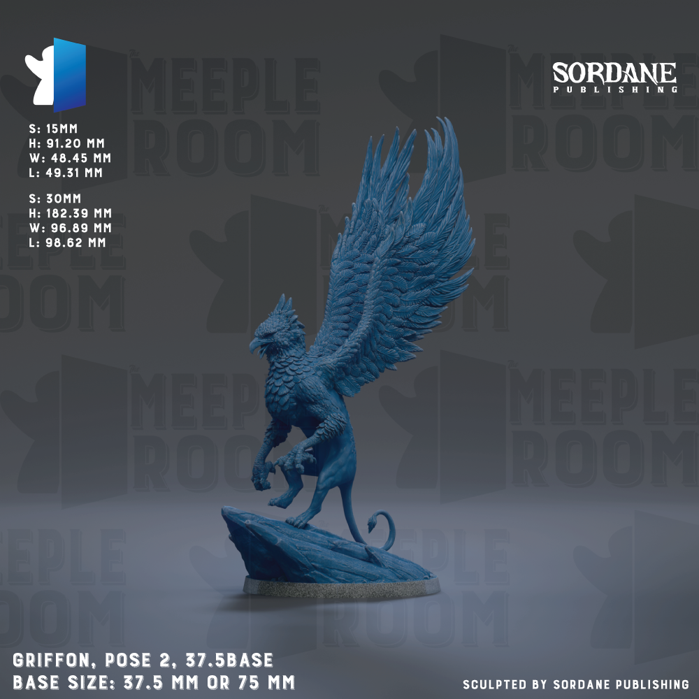 a blue sculpture of a winged creature, possibly a mythical or fantastical being, with wings spread wide. The sculpture is positioned on a rock and appears to be a 3.5-5.5-base size. The background of the image is a dark gray color, and there are repeated instances of the word "MEUPLE" in the background.