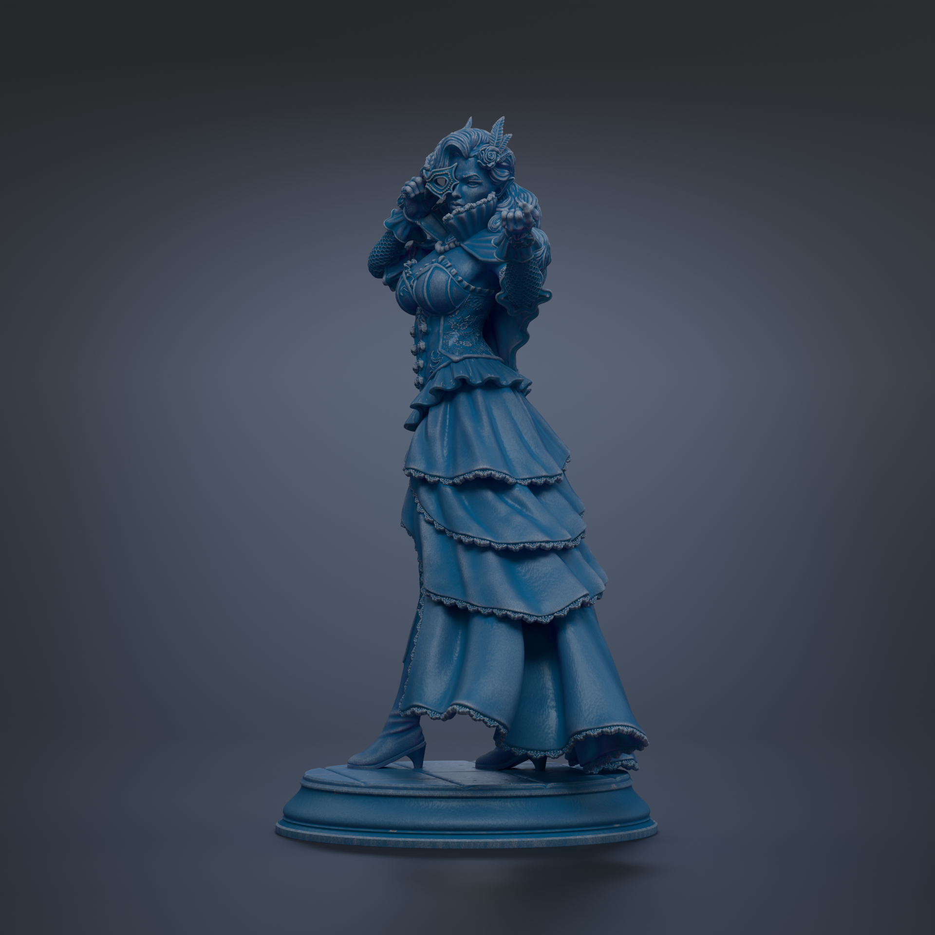 A blue statue of a woman with a long, flowing dress and a headdress, standing on a pedestal against a dark background.