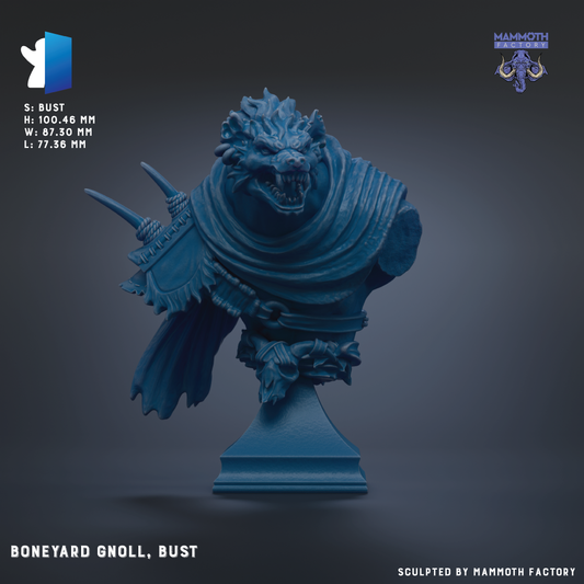 The image is a 3D rendering of a bust of a creature, possibly a gnoll or a monster, with a blue color scheme. The creature has horns, a fierce expression, and is depicted in a dynamic pose. The image is labeled with the name 'Boneyard Gnoll, Bust' and the dimensions provided are 'S. Bust H: 100.46 mm W: 37.50 mm L: 87.36 mm'. The image is described as being sculpted by Mammoth Factory'.