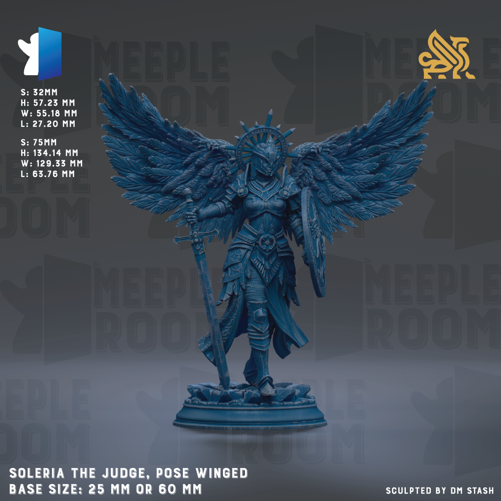 a statue of Solaria, the judge, with her wings spread wide. The statue is made of a material that appears to be metal, and it is shown in a pose with her wings spread out. The base size of the statue is either 25mm or 60mm, depending on the perspective. The image does not contain any text, and it is a single image, not a collage of multiple images.