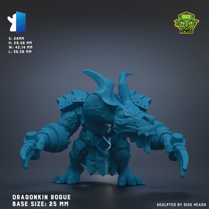 A 3D rendering of a dragonkin pirate figurine, with the base sizes 25 mm and 14.5 mm.