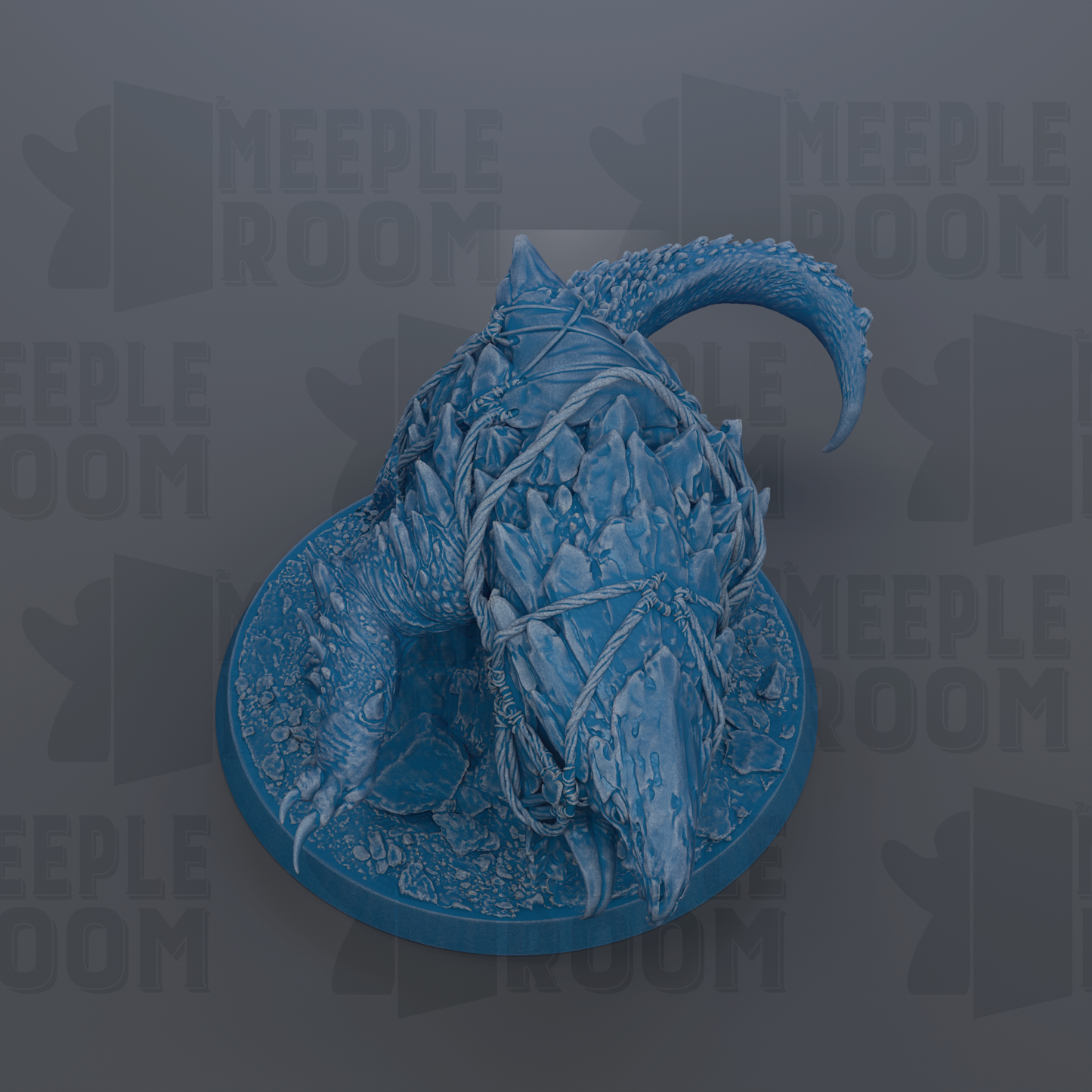 A 3D rendering of a blue, rocky creature with a curved tail, sitting on a circular base.