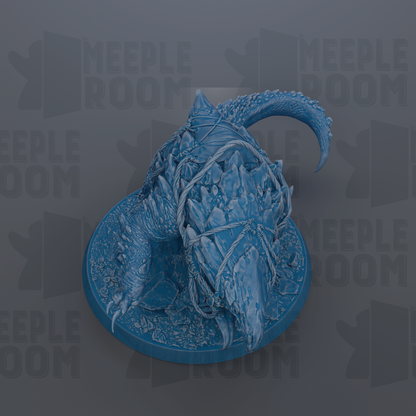 A 3D rendering of a blue, rocky creature with a curved tail, sitting on a circular base.