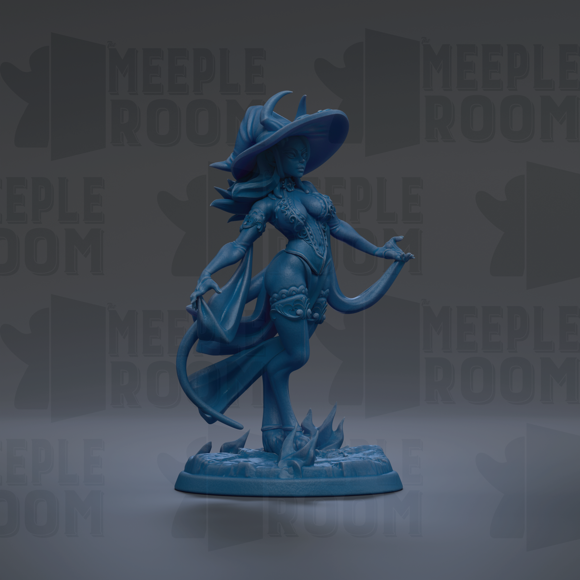 A blue figurine of a woman with a large hat and flowing dress, standing on a base with flames at her feet, against a dark background with repeated text.
