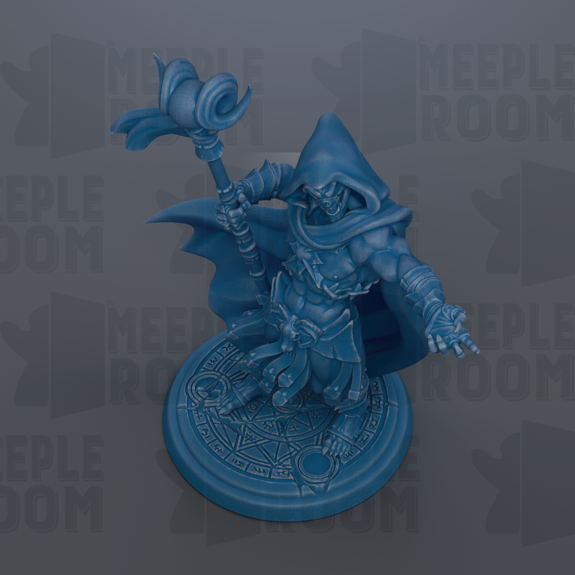 A blue figurine of a warrior figure holding a staff and standing on a circular base with a geometric design.