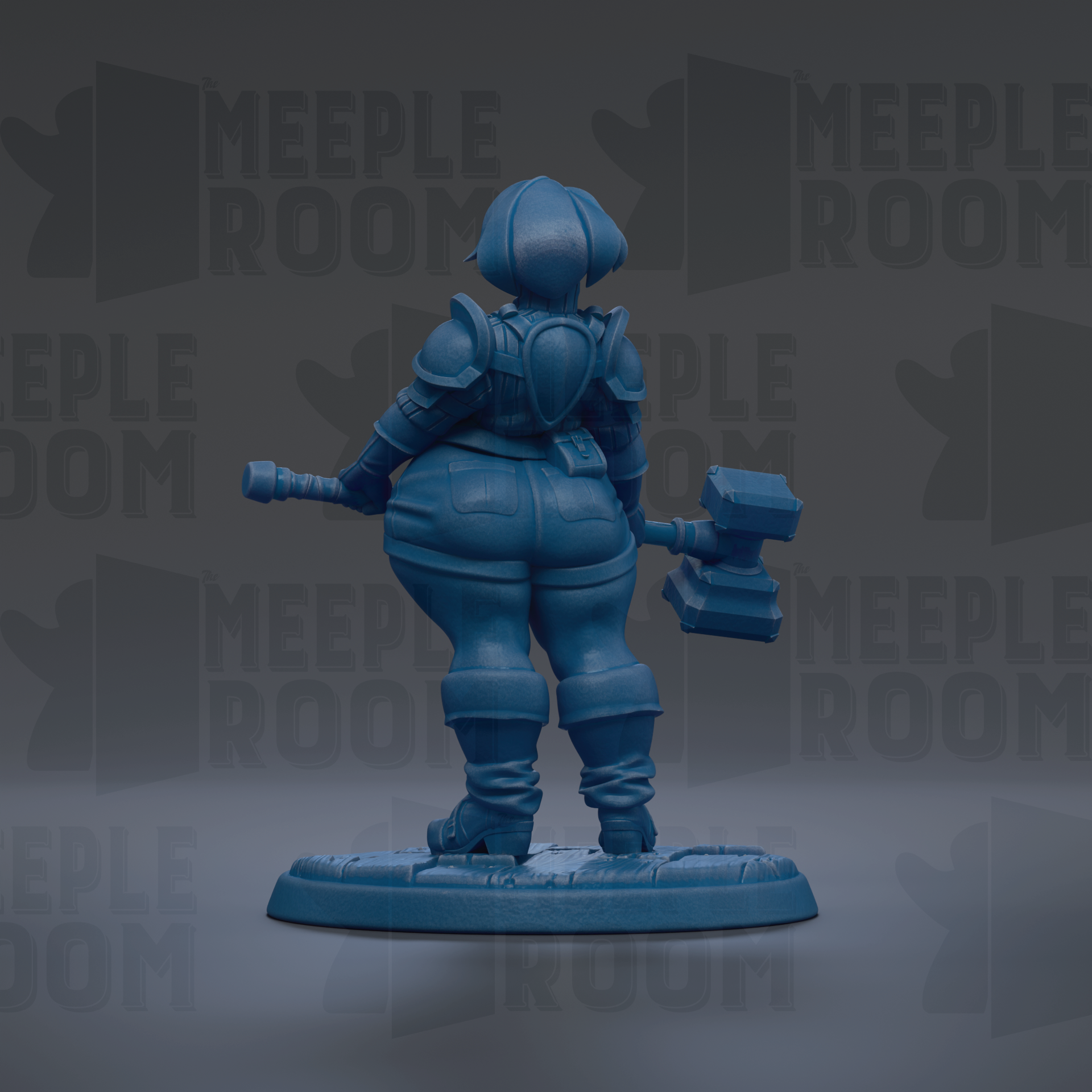 A blue figurine of a female character holding a hammer and standing on a base.