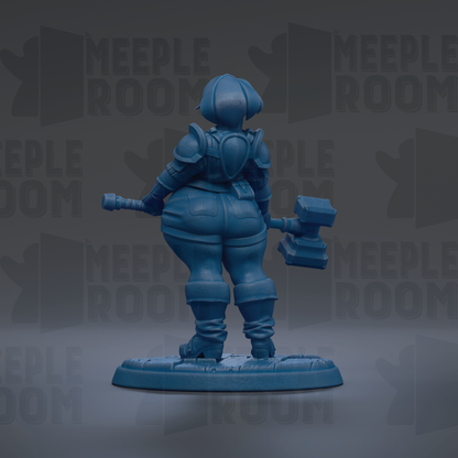 A blue figurine of a female character holding a hammer and standing on a base.