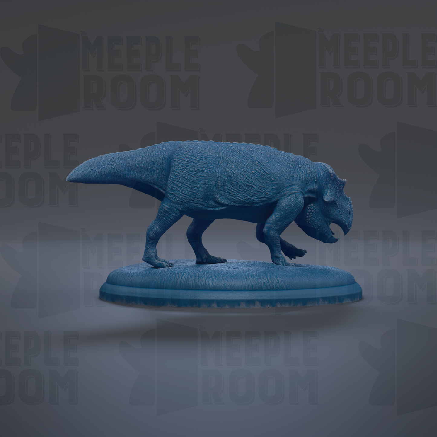 A blue dinosaur figurine is displayed on a blue platform against a gray background with repeated text.