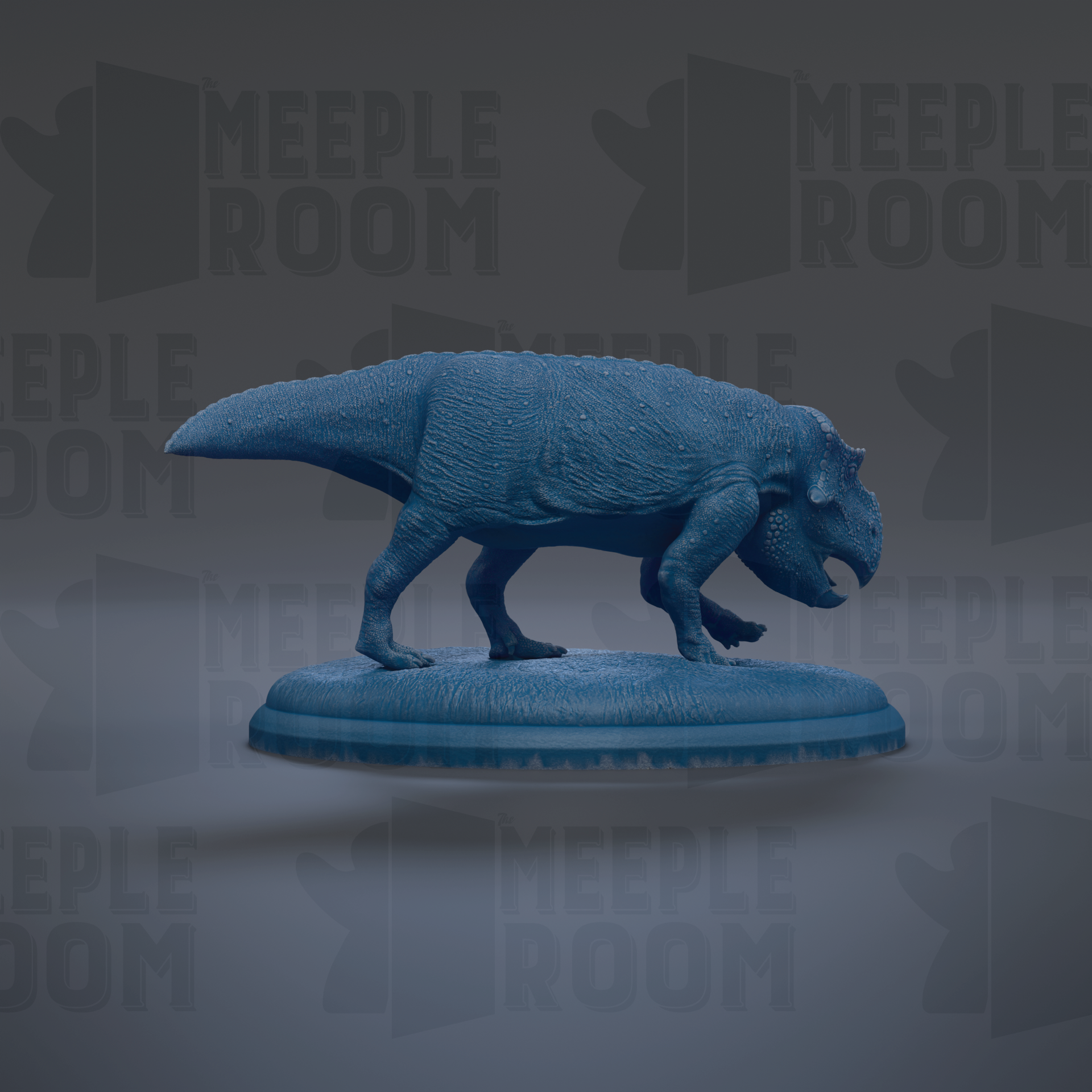 A blue dinosaur figurine is displayed on a blue platform against a gray background with repeated text.