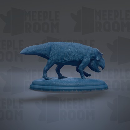 A blue dinosaur figurine is displayed on a blue platform against a gray background with repeated text.