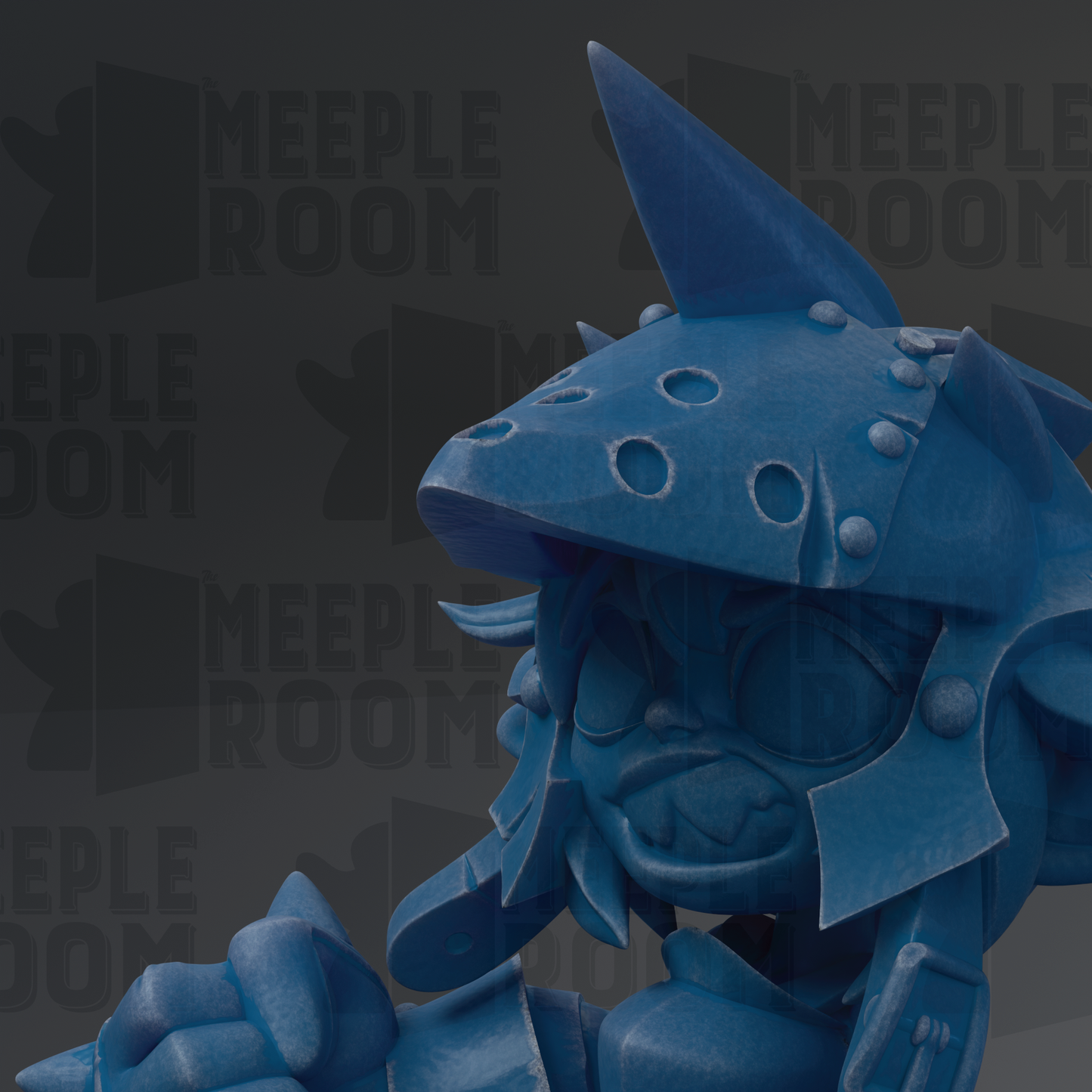 A close-up of a blue, cartoonish character with a pointed hat and sharp teeth, set against a dark background with repeated text.