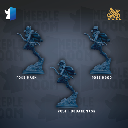 three blue figurines of a person in different poses, labeled as "Pose Mask", "Pose Hood", and "Pose Hoodandmask".