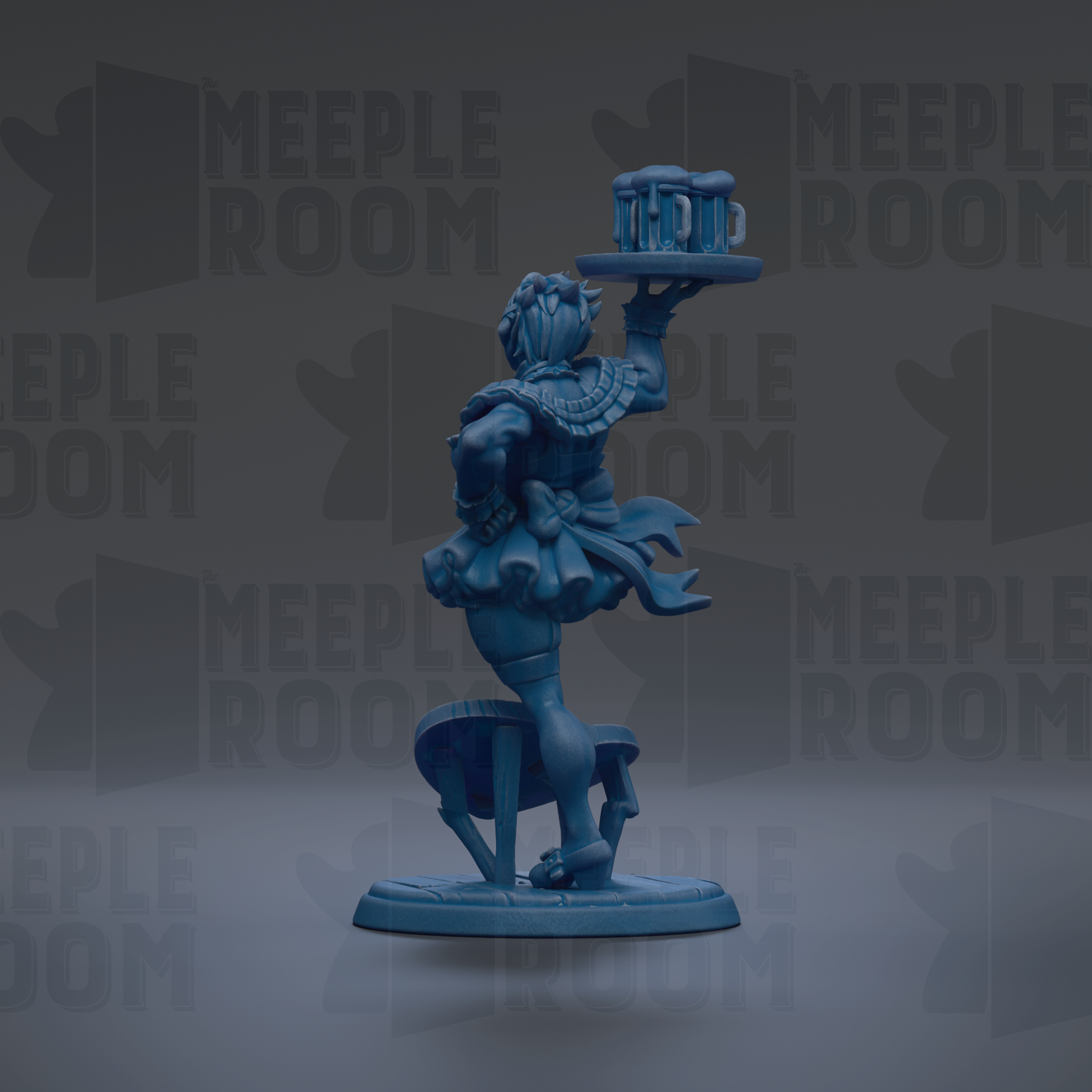 A blue figurine of a person holding a tray with a cup of beer on it, standing on a chair.