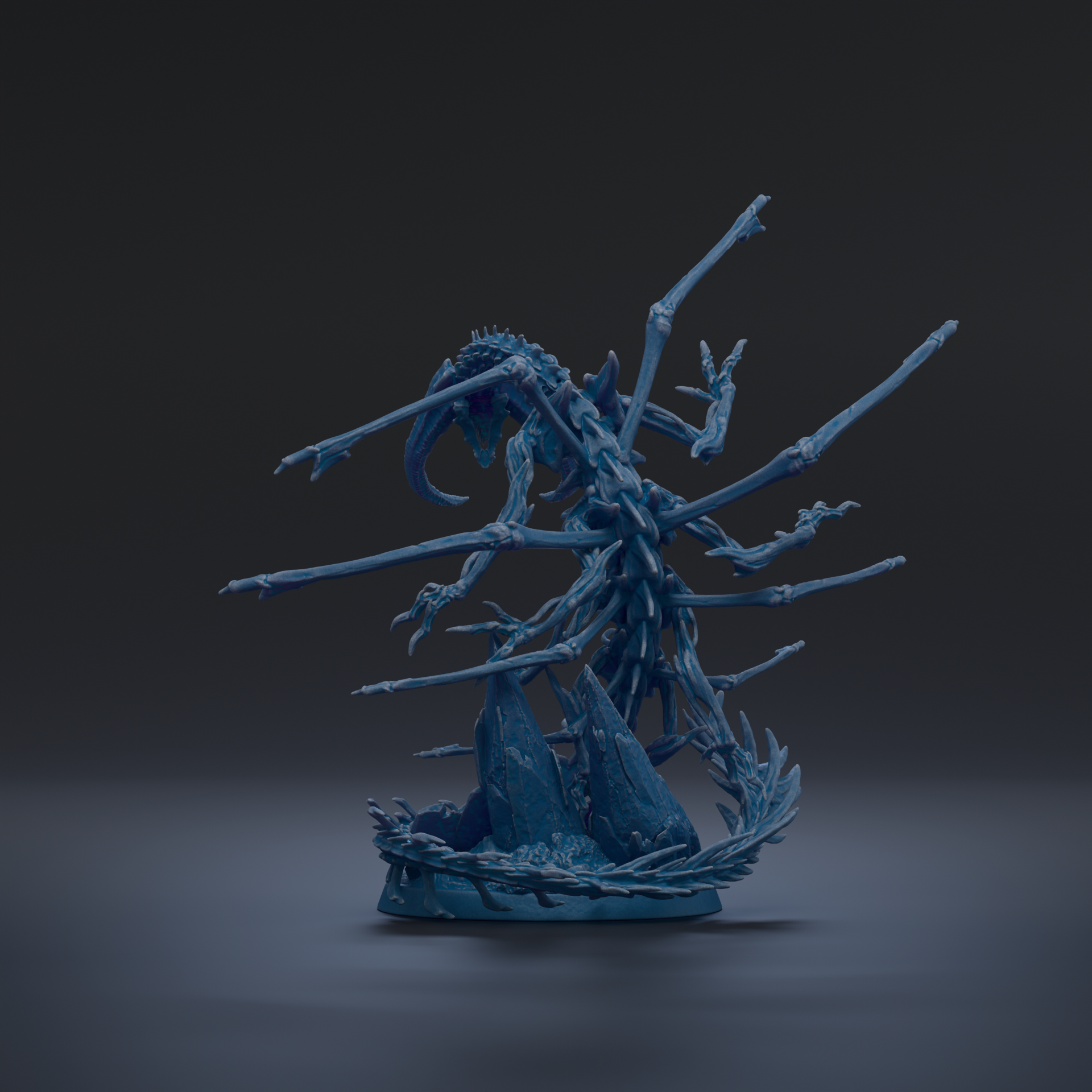 A 3D rendering of a blue, skeletal-like creature with multiple arms and legs, standing on a rock formation against a dark background.