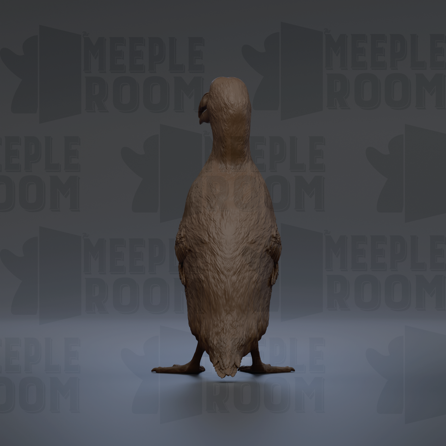 A 3D rendering of a bird, possibly a penguin, standing on one leg against a dark background with repeated text.