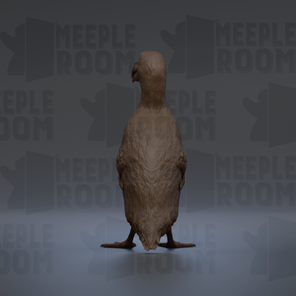 A 3D rendering of a bird, possibly a penguin, standing on one leg against a dark background with repeated text.