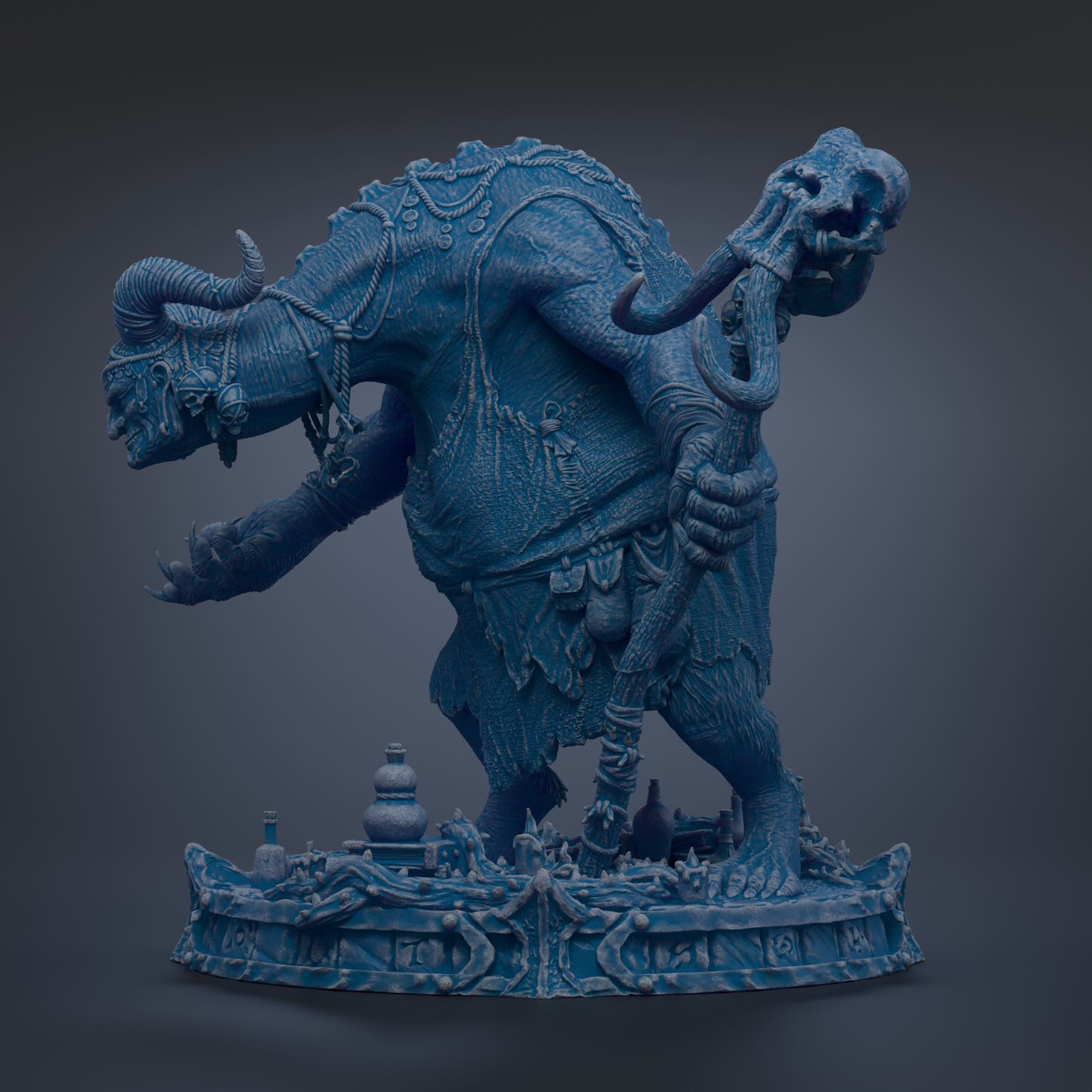 A detailed 3D rendering of a fantastical creature, possibly a dragon or serpent, with intricate textures and patterns. The creature is standing on a platform with various objects and structures, creating a complex and visually striking scene.