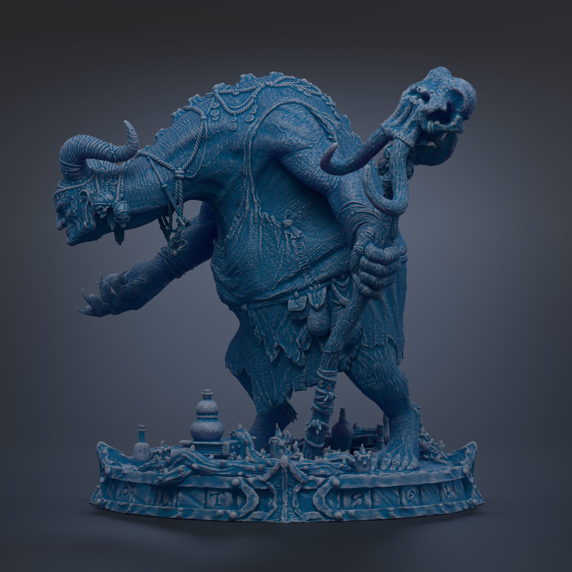 A detailed 3D rendering of a fantastical creature, possibly a dragon or serpent, with intricate textures and patterns. The creature is standing on a platform with various objects and structures, creating a complex and visually striking scene.