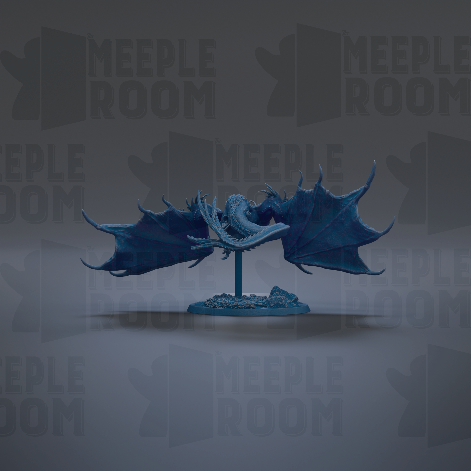 A blue dragon figurine with outstretched wings is displayed against a dark background with repeated text.