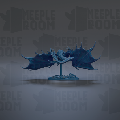 A blue dragon figurine with outstretched wings is displayed against a dark background with repeated text.