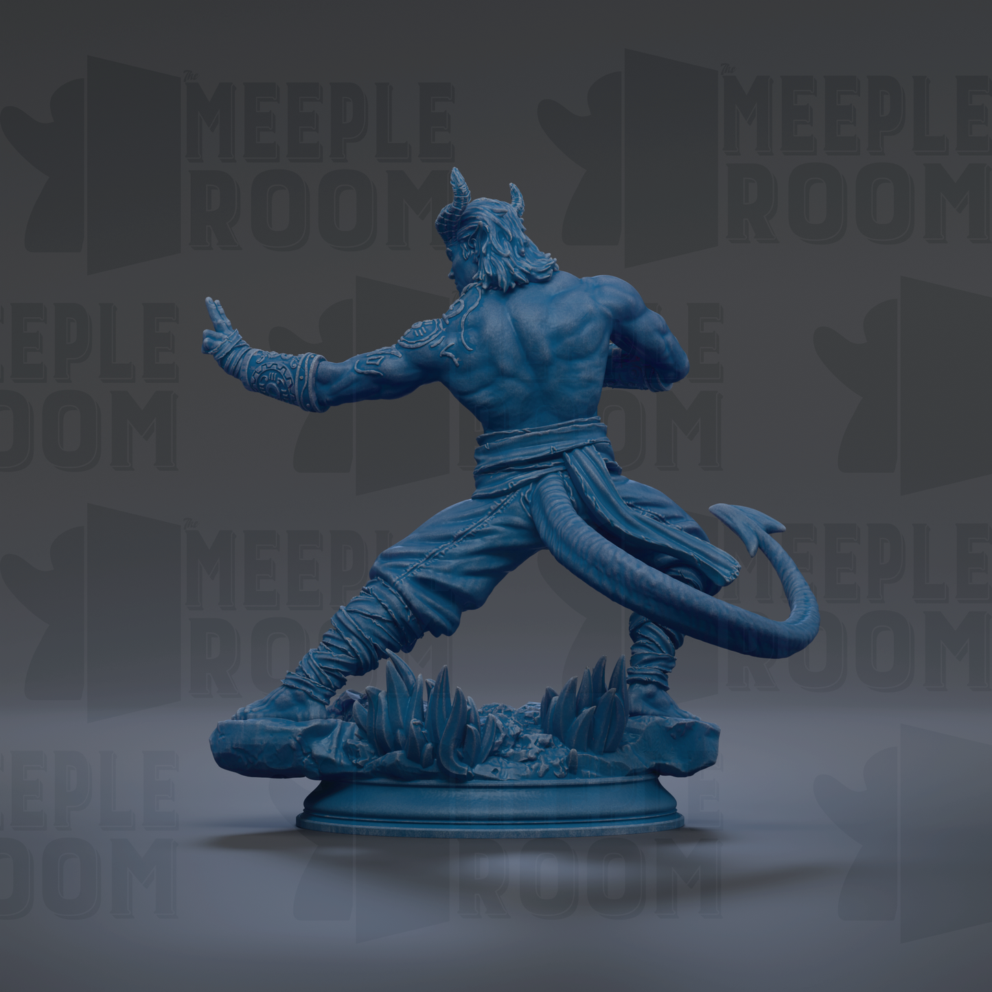 A blue statue of a muscular, horned figure with a tail, standing on a base and appearing to be in a fighting stance.