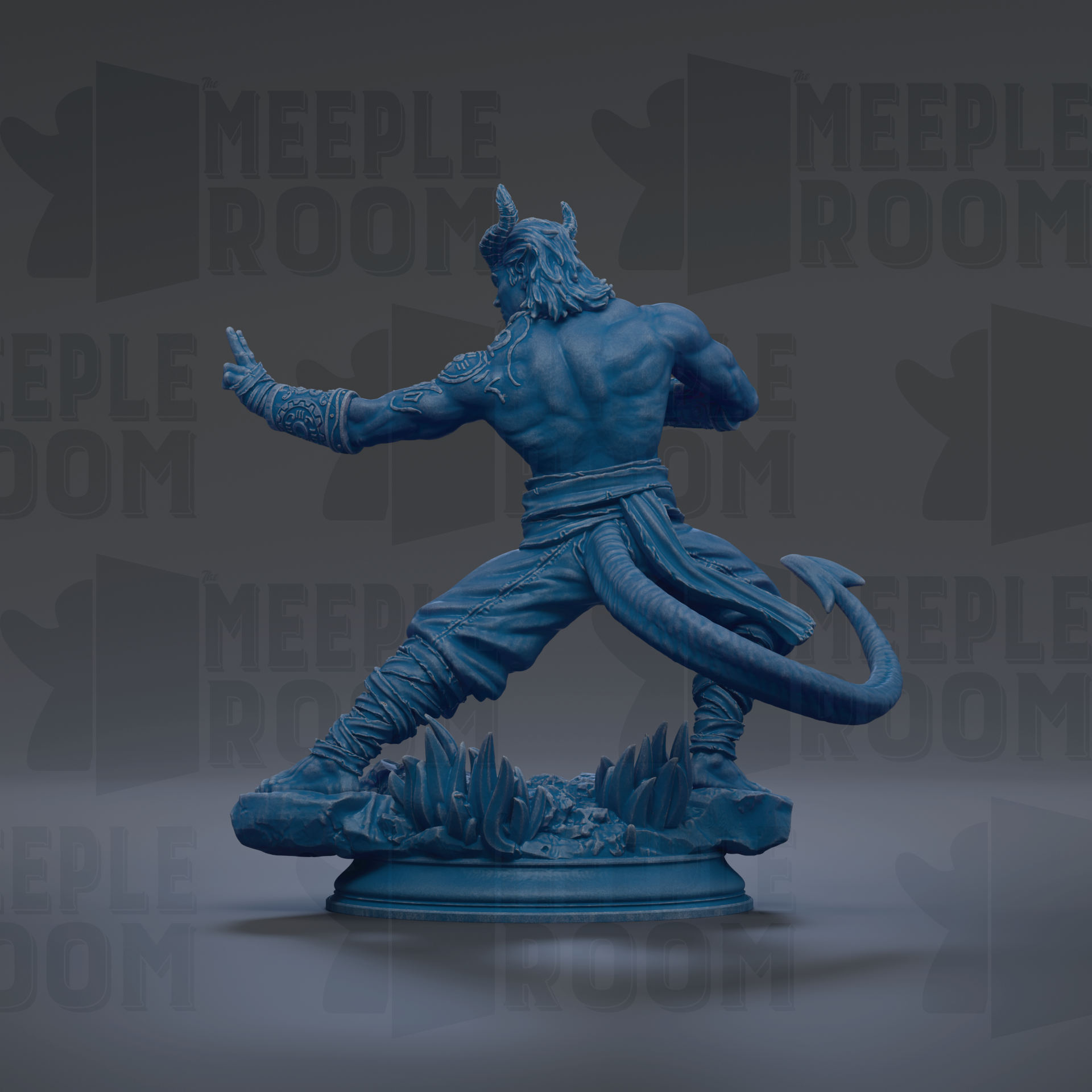 A blue statue of a muscular, horned figure with a tail, standing on a base and appearing to be in a fighting stance.