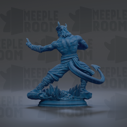 A blue statue of a muscular, horned figure with a tail, standing on a base and appearing to be in a fighting stance.