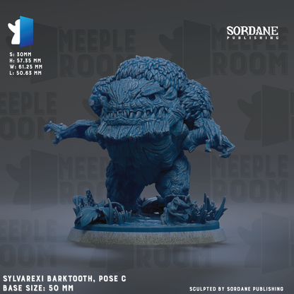 The image is a detailed sculpture of a barktooth, a type of prehistoric marine animal, posed on a base. The sculpture is blue in color and appears to be made of a material that resembles stone or concrete. The base sizes are 50 mm and 60 mm. The image is a collage of multiple images, and it is described as a "Sordane Publishing" piece.