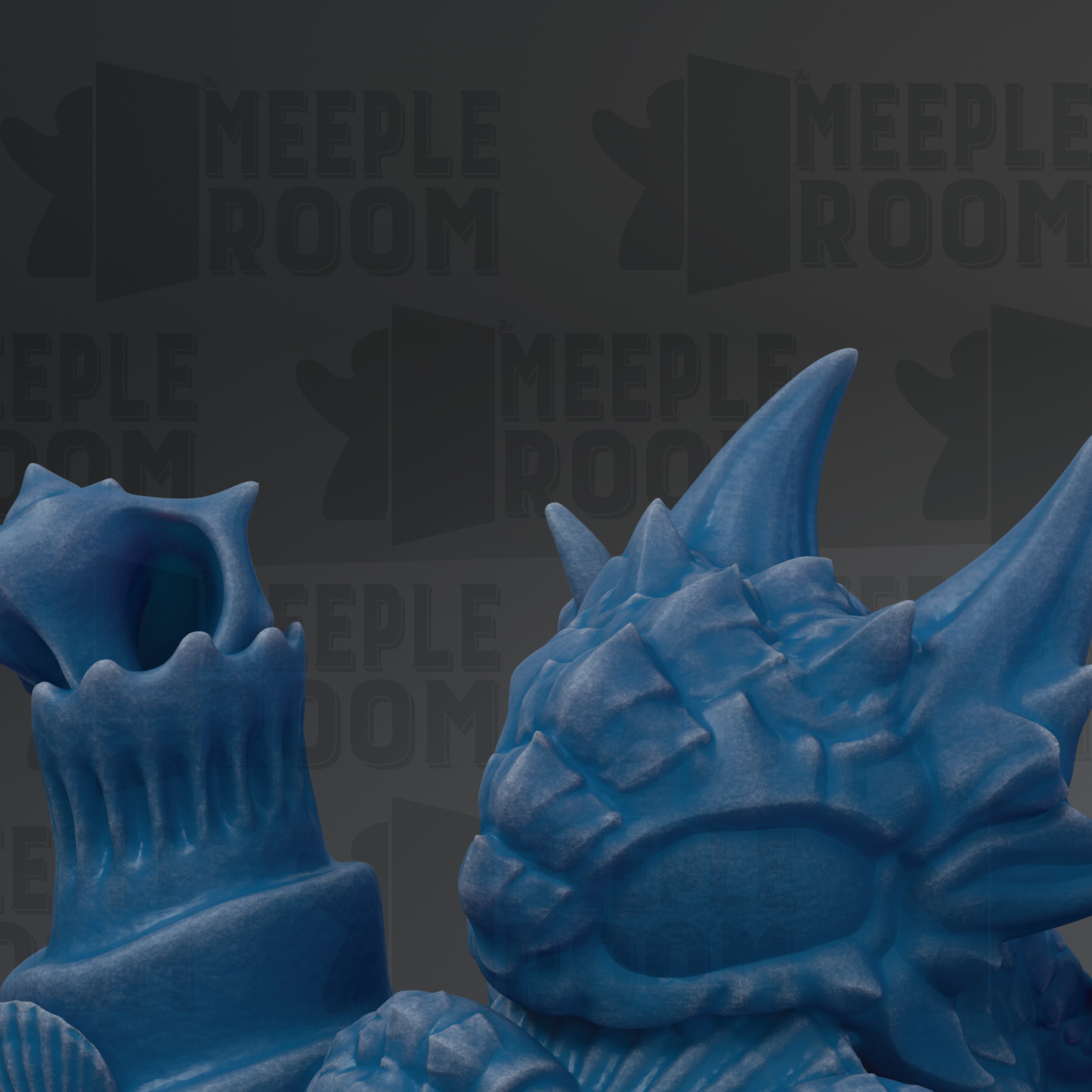 a close-up view of a blue dragon-like sculpture, with the dragon's head and body prominently displayed against a dark background.