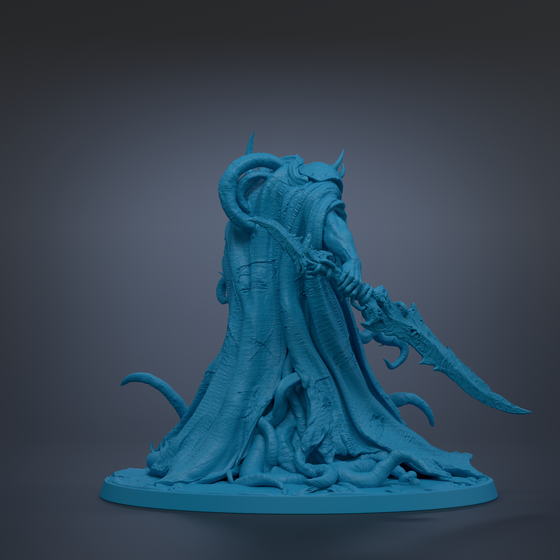 A 3D rendering of a fantastical creature with a long, flowing robe and a large, ornate weapon in its hands.
