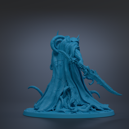 A 3D rendering of a fantastical creature with a long, flowing robe and a large, ornate weapon in its hands.