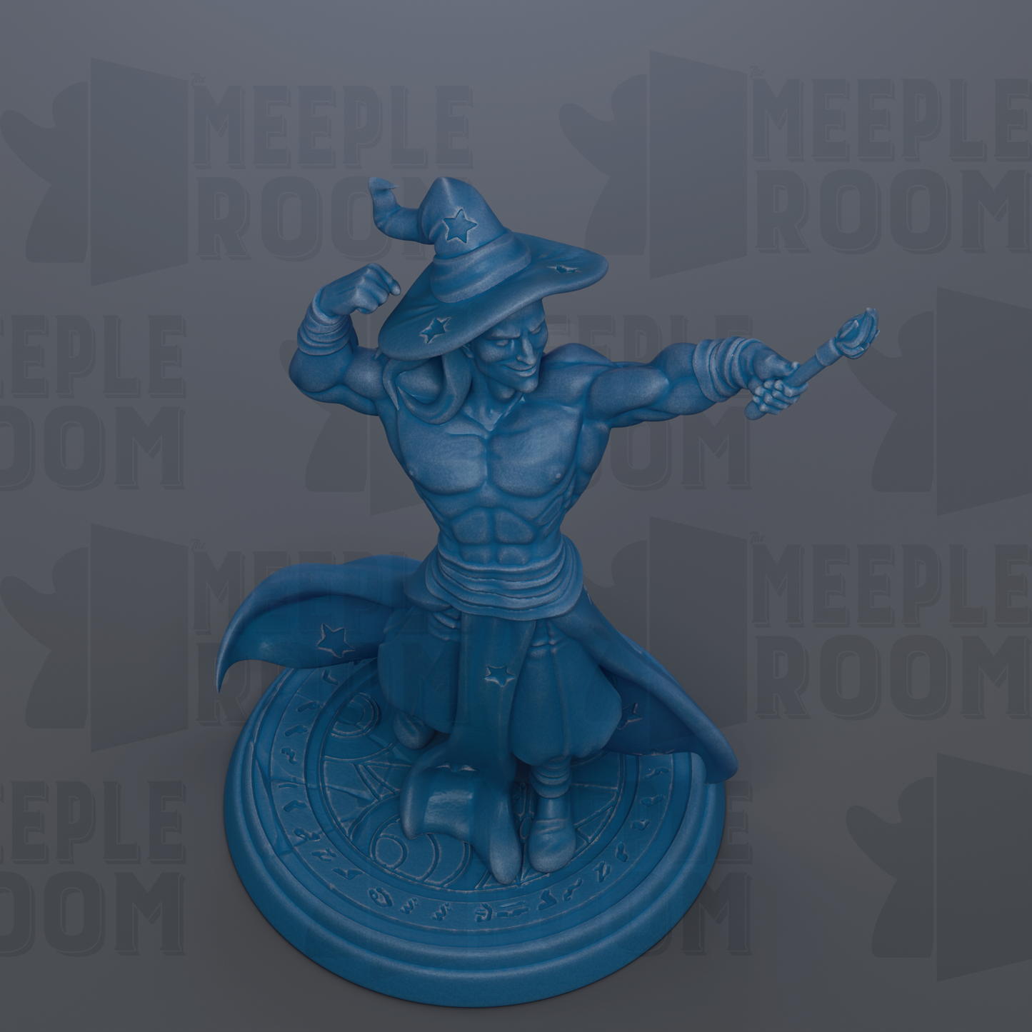 A blue statue of a wizard or magical figure, with a pointed hat and a wand, is shown against a dark background with repeated text.